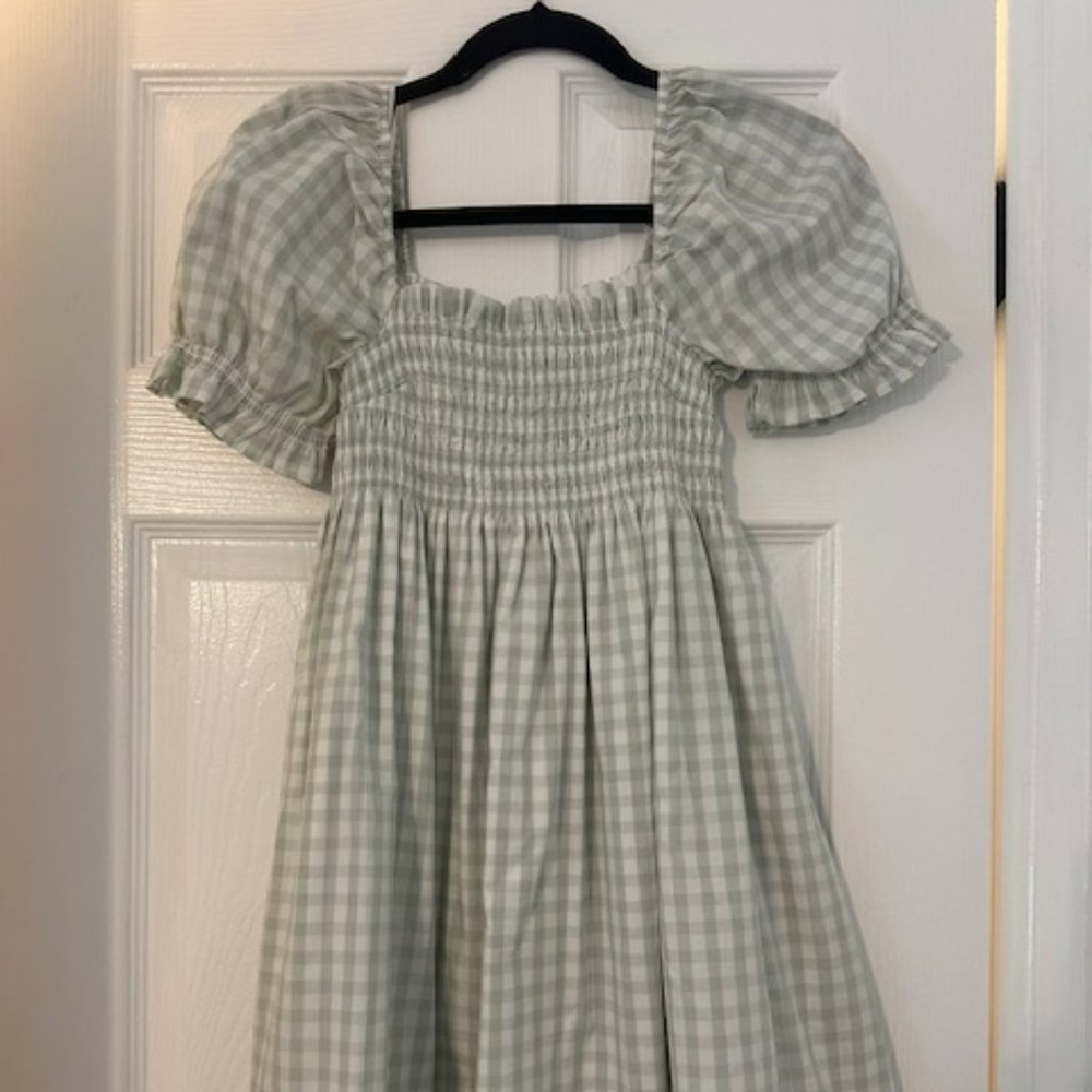 Abercrombie & Fitch Light Green Gingham Puff Sleeve Mini Dress | M Petite